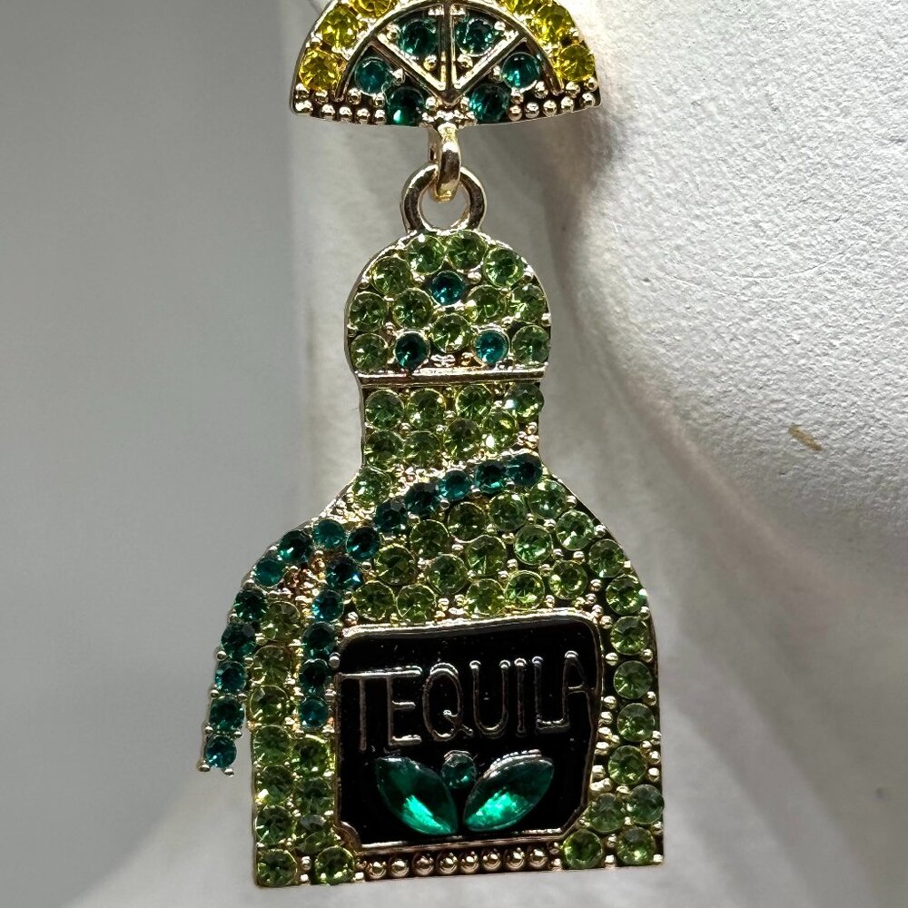 Fun Tequila earrings, lots of bling, green stones, NWOT